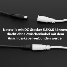 300cm Verbindungskabel verriegelbar mit DC-Buchse und DC-Stecker 5.5/2.5 | 2polig - für einfarbige 24V DC LED-Streifen