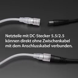 15 cm wasserdichtes Ausgangskabel mit DC-Stecker 5.5/2.5 | 2polig - für einfarbige 24V DC LED-Streifen