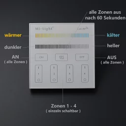 LED-Controller & 4 Zonen Touch-Wand-Panel Fernbedienung - SET | für 24VDC CCT LED-Streifen | 2.4GHz MiBoxer