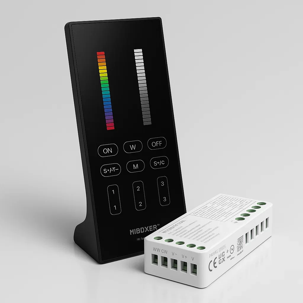 LED-Controller und 3-Zonen Stand-Fernbedienung - SET | für 24VDC RGB, RGBW und RGB+CCT LED-Streifen | 2.4GHz MiBoxer